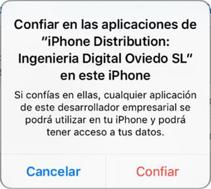 Confiar en las aplicaciones de ''iPhone Distribution: Ingenieria Digital Oviedo SL'' en este iPhone